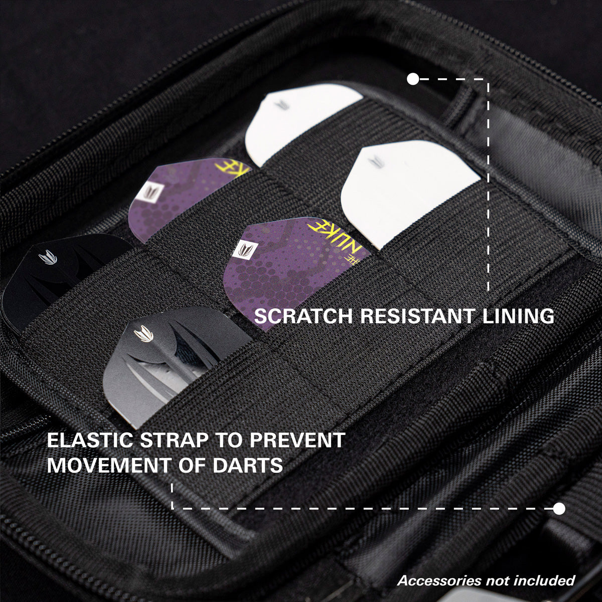 Target Luke Littler Takoma Ghost XL Dart Case image highlighting the internal storage compartments, straps, and accessory holders