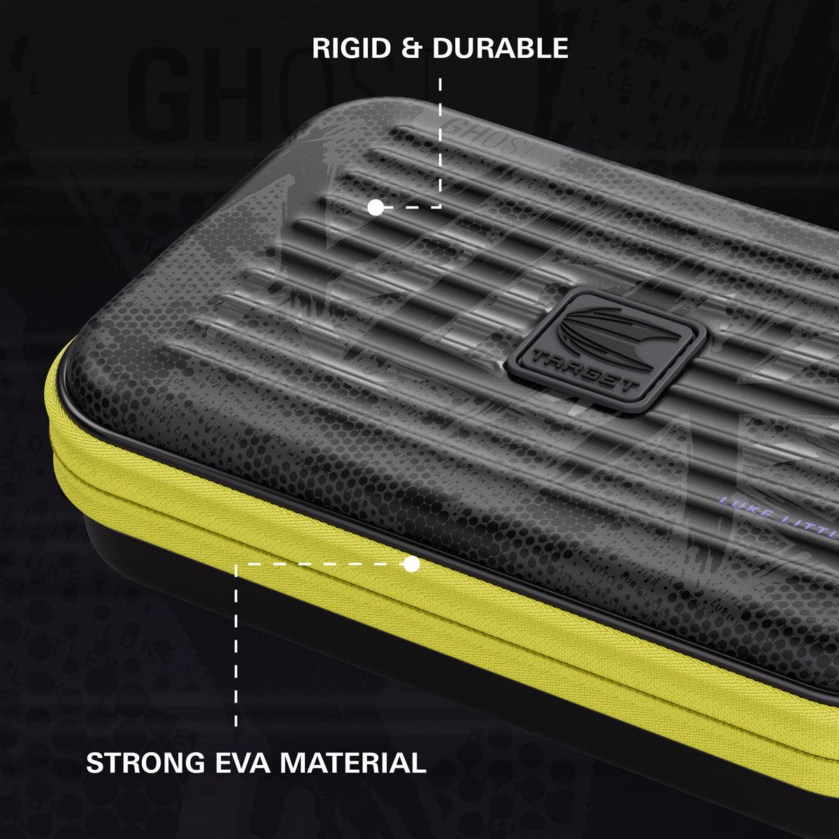 Target Luke Littler Takoma Ghost XL Dart Case image highlighting the external materials, zip, handle, branding, and protective construction