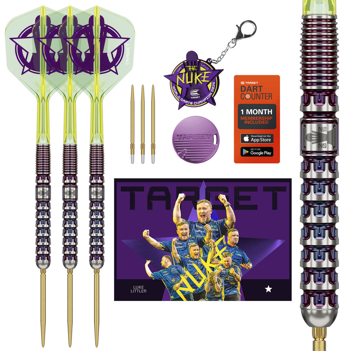 Luke Littler World Champion 2025 Edition SP Steel Tip Darts main product image showing the darts, packaging, flights, shafts, and included accessories