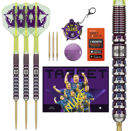 Luke Littler World Champion 2025 Edition SP Steel Tip Darts main product image showing the darts, packaging, flights, shafts, and included accessories