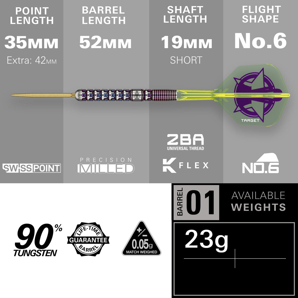 Luke Littler World Champion 2025 Edition Steel Tip Darts specifications image showing barrel dimensions, weight, and technical details