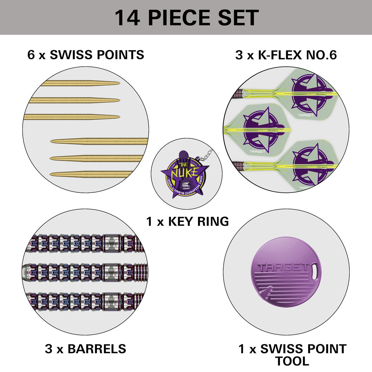 Luke Littler World Champion 2025 Edition Steel Tip Darts contents image displaying all supplied accessories and box contents
