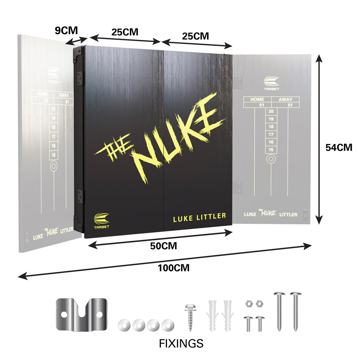 Luke The Nuke Littler Cabinet and Dartboard Set by Target product image showing the cabinet dimensions and fixings