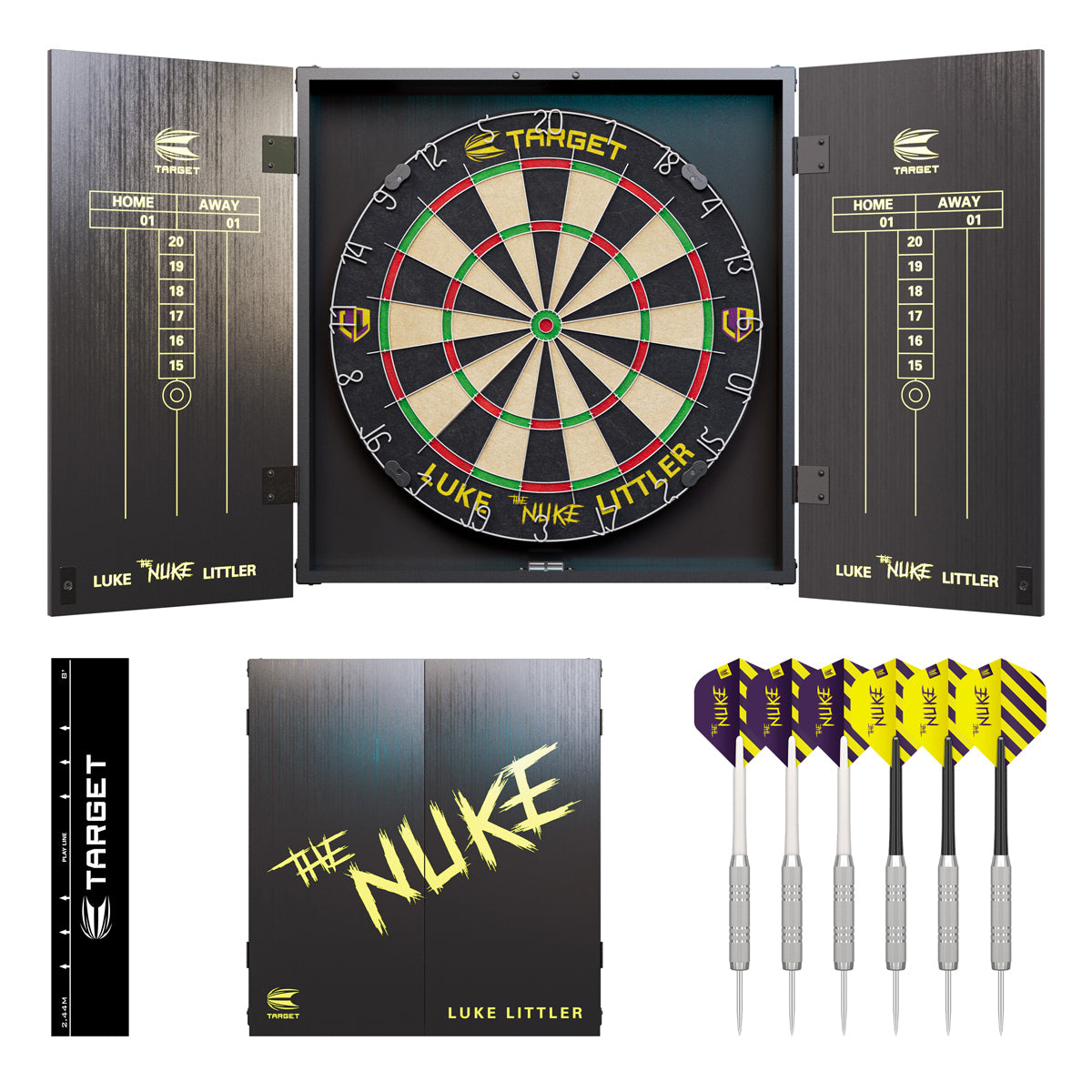 Luke The Nuke Littler Cabinet and Dartboard Set by Target main product image showing the cabinet set and product contents