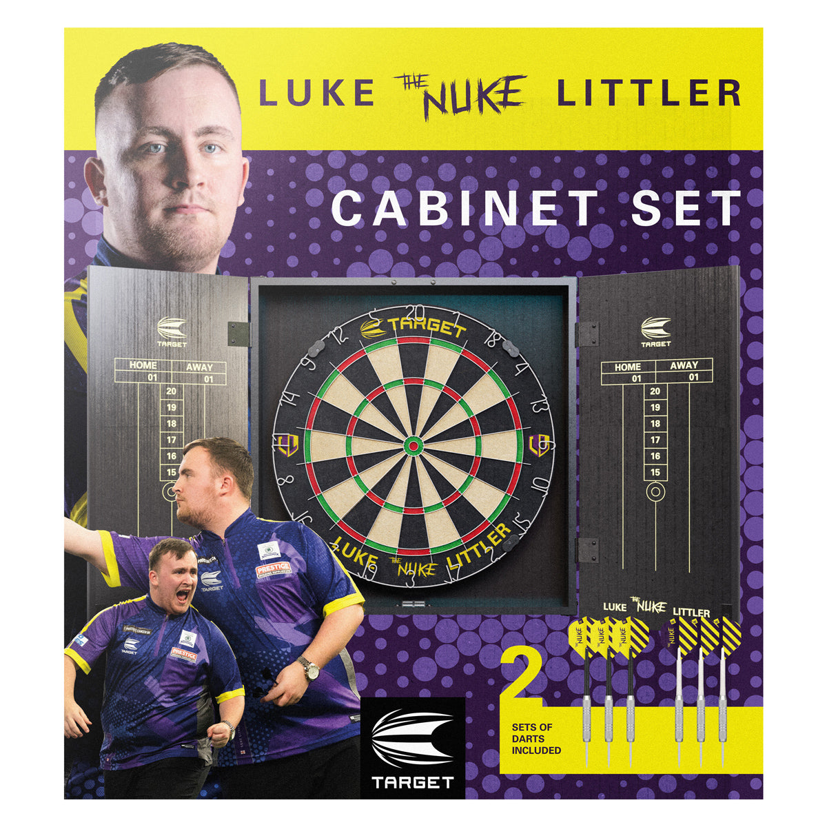 Luke The Nuke Littler Cabinet and Dartboard Set by Target outer box image showing the retail packaging and branding