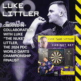 Luke The Nuke Littler Cabinet and Dartboard Set by Target image featuring Luke Littler associated with the cabinet and dartboard set