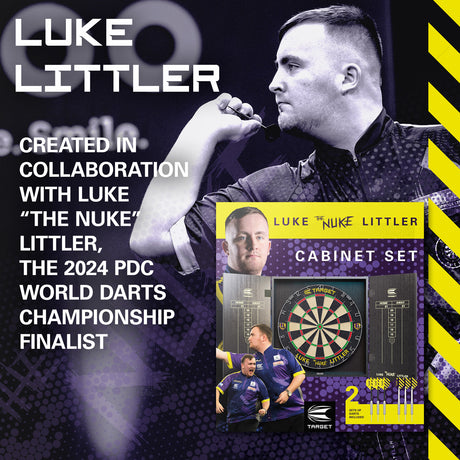 Luke The Nuke Littler Cabinet and Dartboard Set by Target image featuring Luke Littler associated with the cabinet and dartboard set