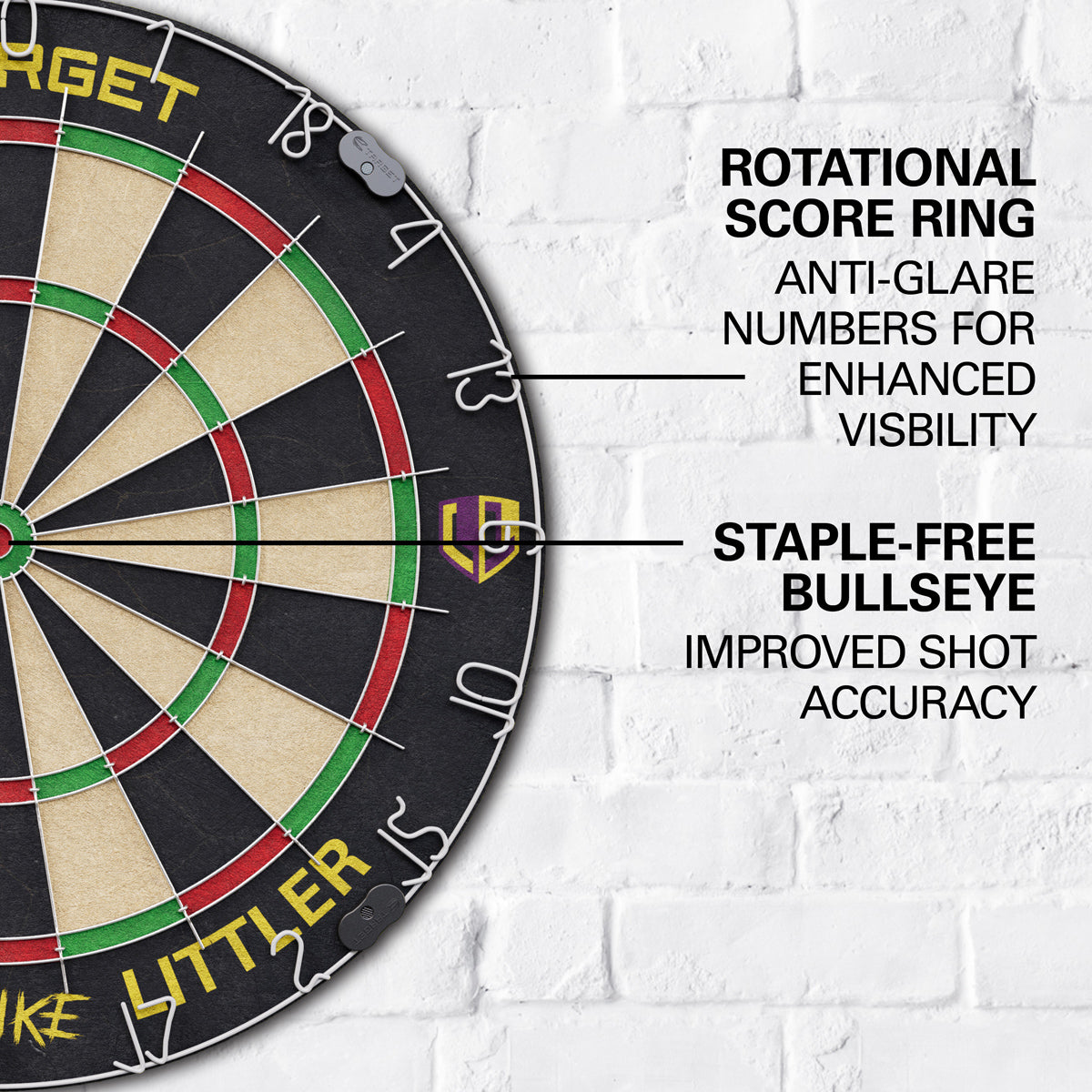 Luke The Nuke Littler Dartboard Set by Target image highlighting the number ring and the staple free bullseye