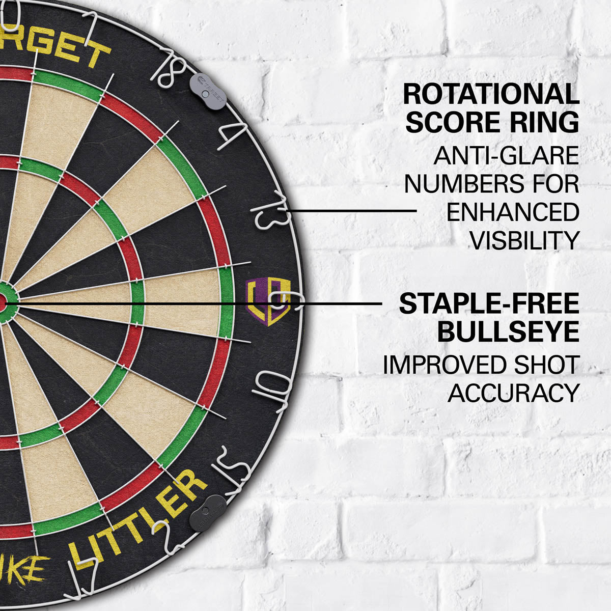 Luke The Nuke Littler Dartboard Set by Target image highlighting the number ring and the staple free bullseye