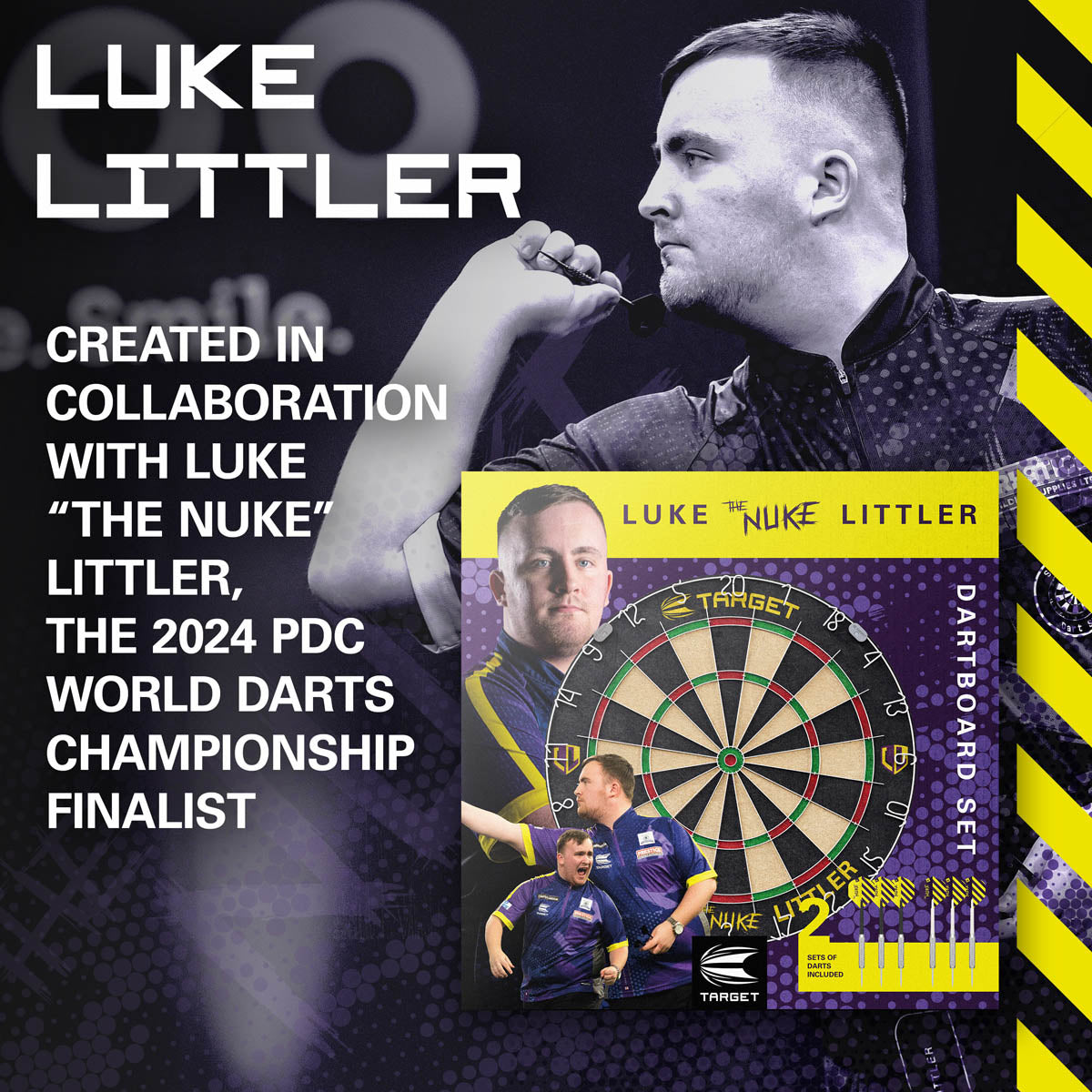 Luke The Nuke Littler Dartboard Set by Target image featuring Luke Littler associated with the dartboard set