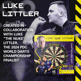 Luke The Nuke Littler Dartboard Set by Target image featuring Luke Littler associated with the dartboard set