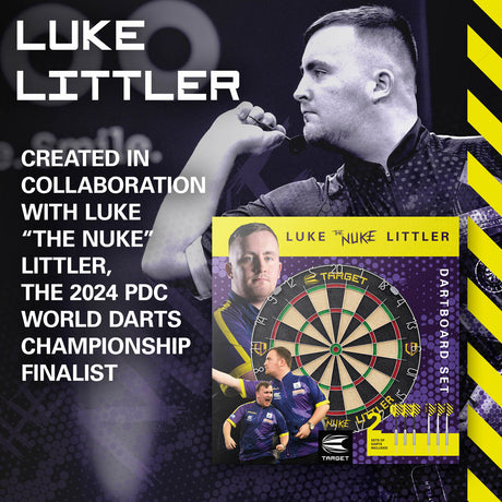 Luke The Nuke Littler Dartboard Set by Target image featuring Luke Littler associated with the dartboard set