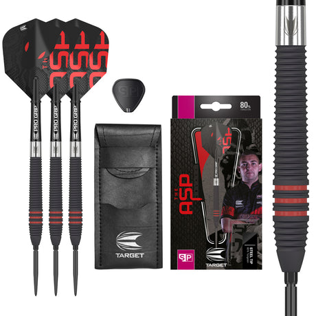 Nathan Aspinall 80 Black Steel Tip Darts main product image showing the darts, packaging, flights, shafts, and included accessories