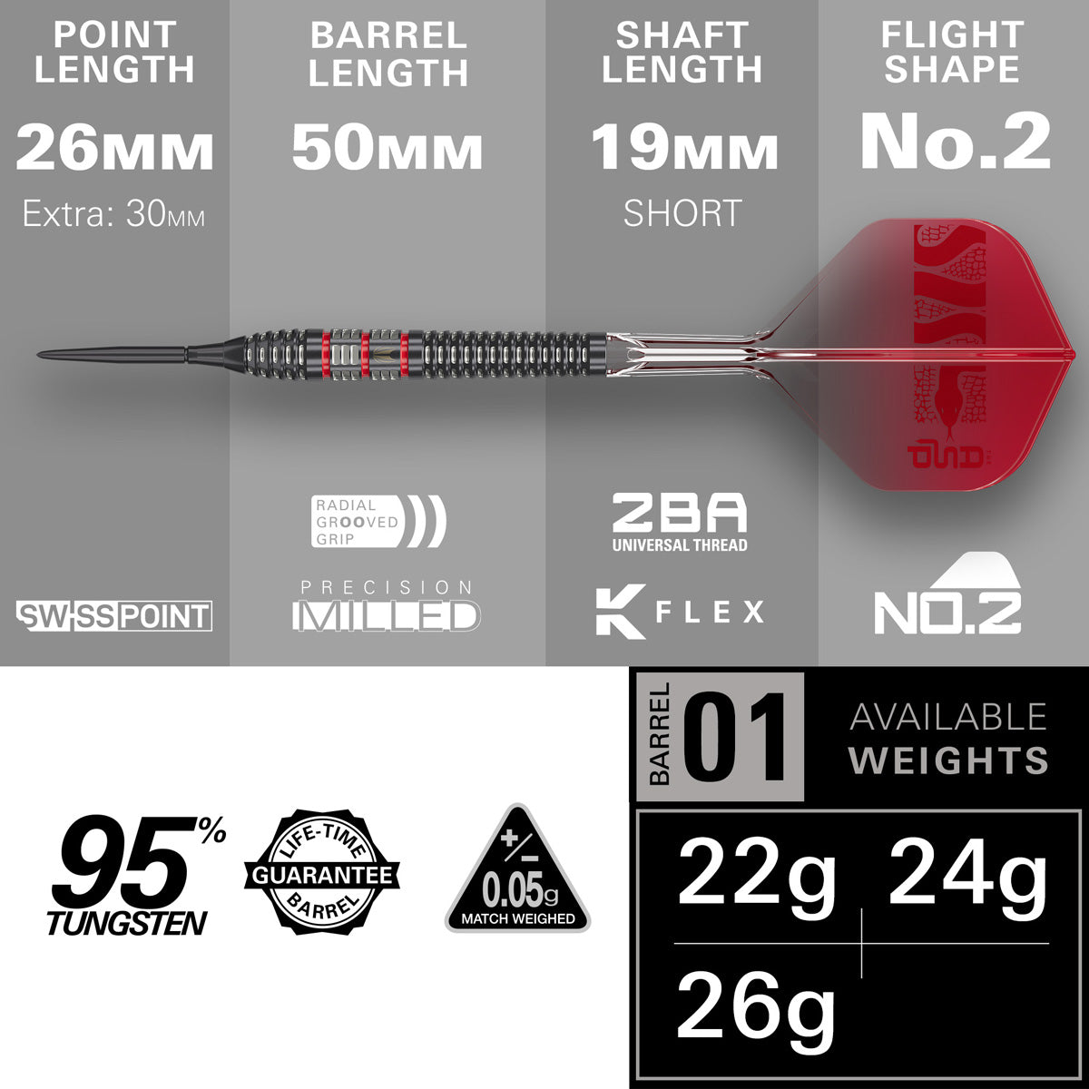 Nathan Aspinall Asp 95K Steel Tip Darts specifications image showing barrel dimensions, weight, and technical details
