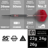Nathan Aspinall Asp 95K Steel Tip Darts specifications image showing barrel dimensions, weight, and technical details