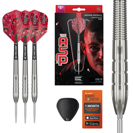 Nathan Aspinall G1 SP Steel Tip Darts main product image showing the darts, packaging, flights, shafts, and included accessories