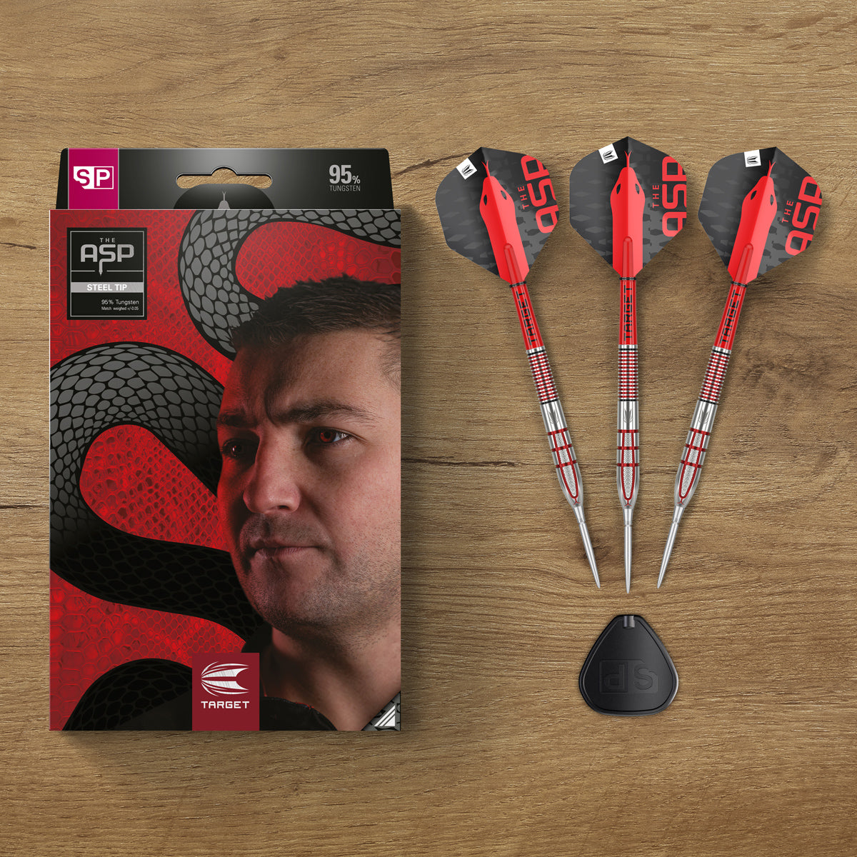 Nathan Aspinall G2 SP Steel Tip Darts lifestyle image showing the darts in a premium playing environment