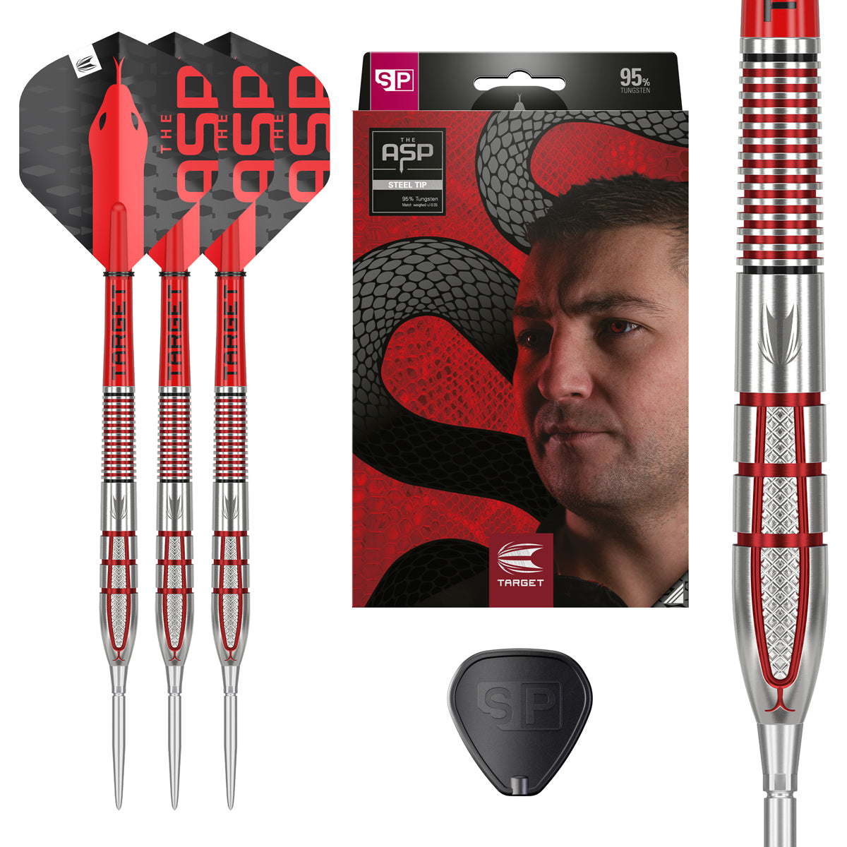Nathan Aspinall G2 SP Steel Tip Darts main product image showing the box, darts, flights, shafts, and included accessories