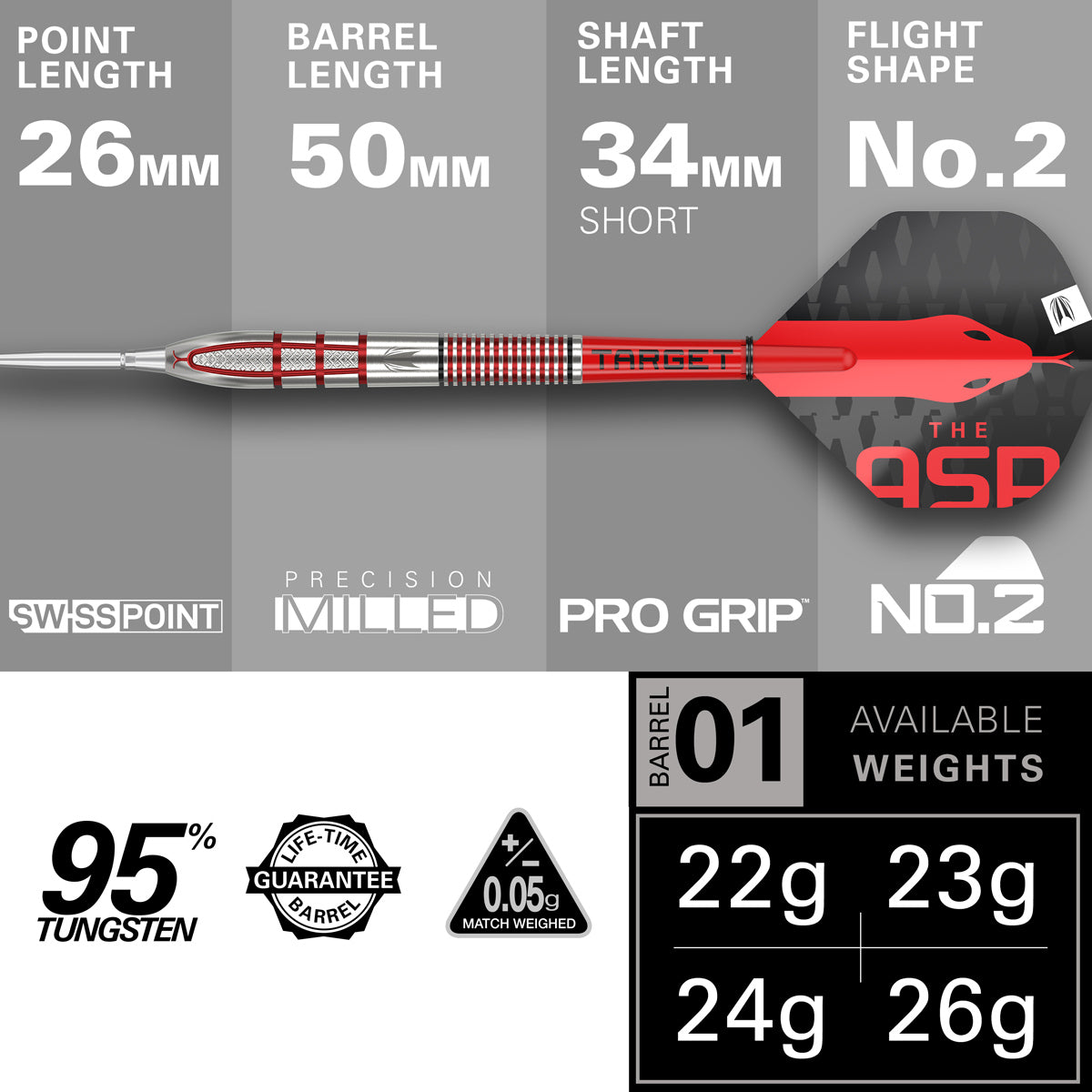 Nathan Aspinall G2 SP Steel Tip Darts specifications image showing barrel dimensions, weight, and technical details