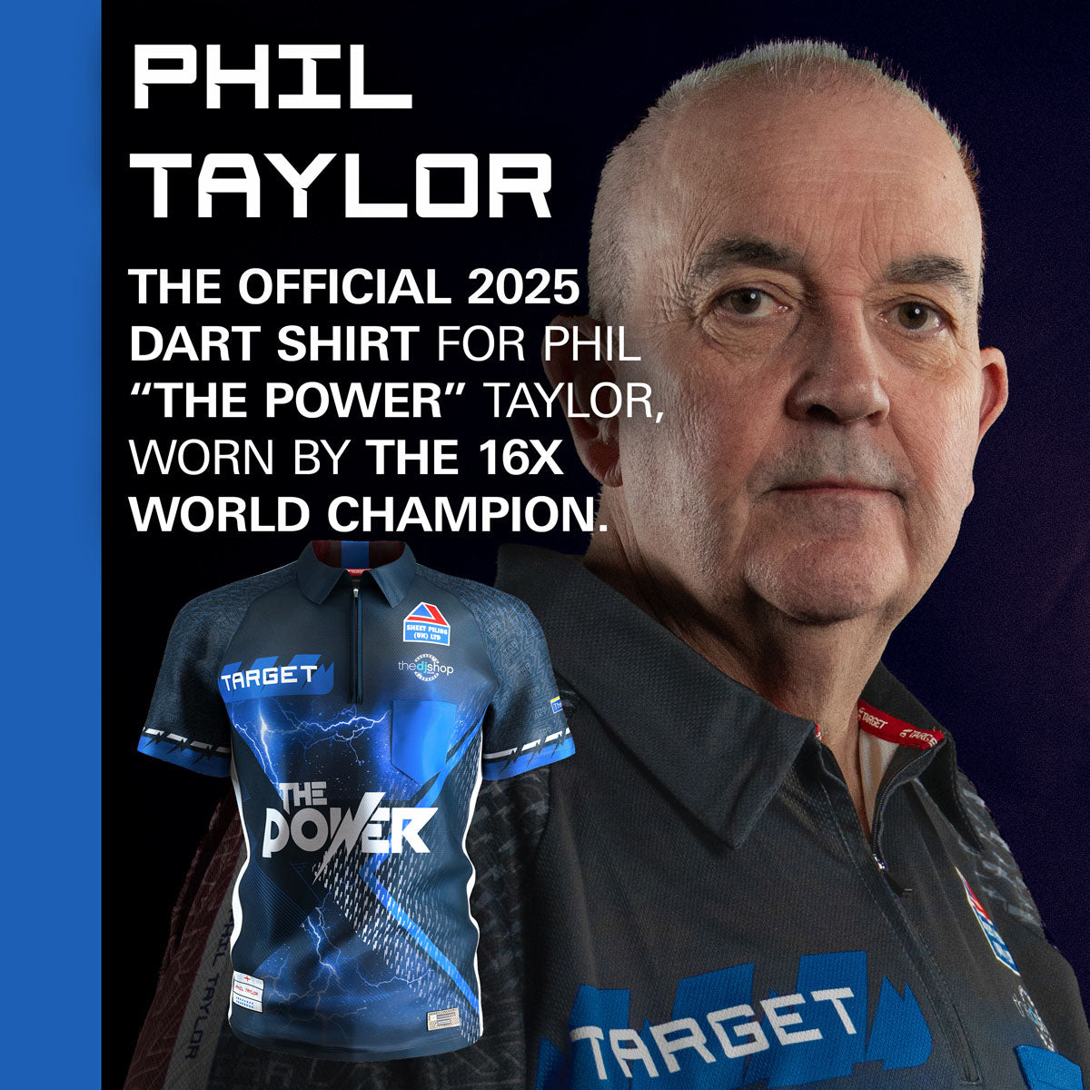 Target Phil Taylor 2025 Playing Shirt front view image showing the complete shirt design, colours, and sponsor logos