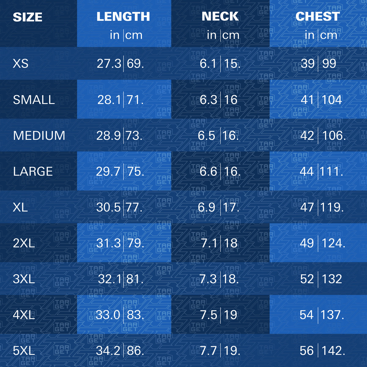 Target Phil Taylor 2025 Playing Shirt sizing guide image showing available measurements and fit information