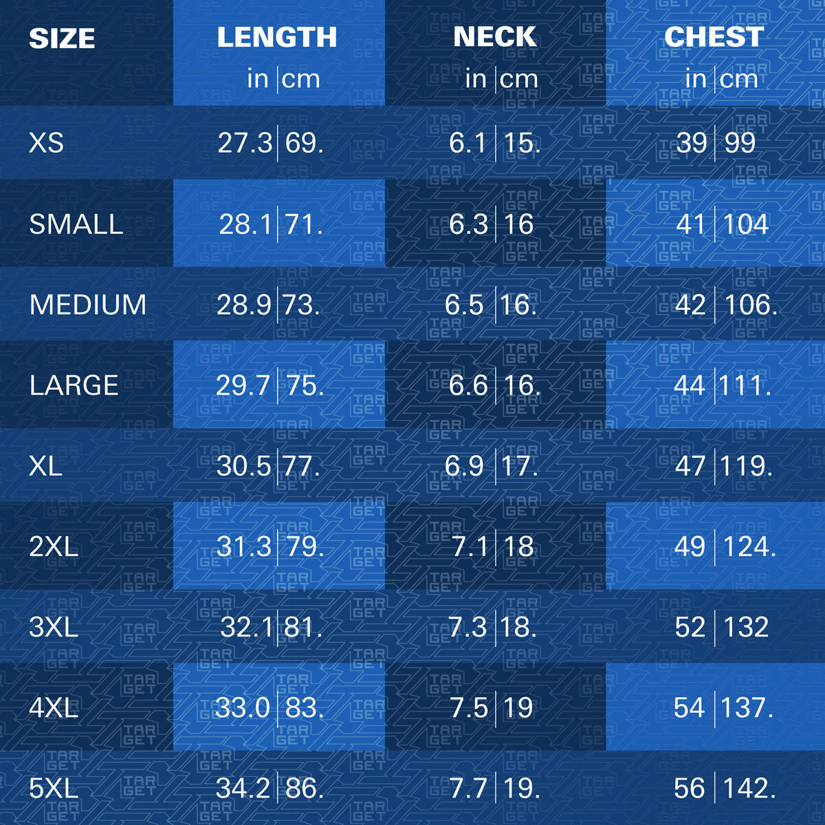 Target Phil Taylor 2025 Playing Shirt sizing guide image showing available measurements and fit information
