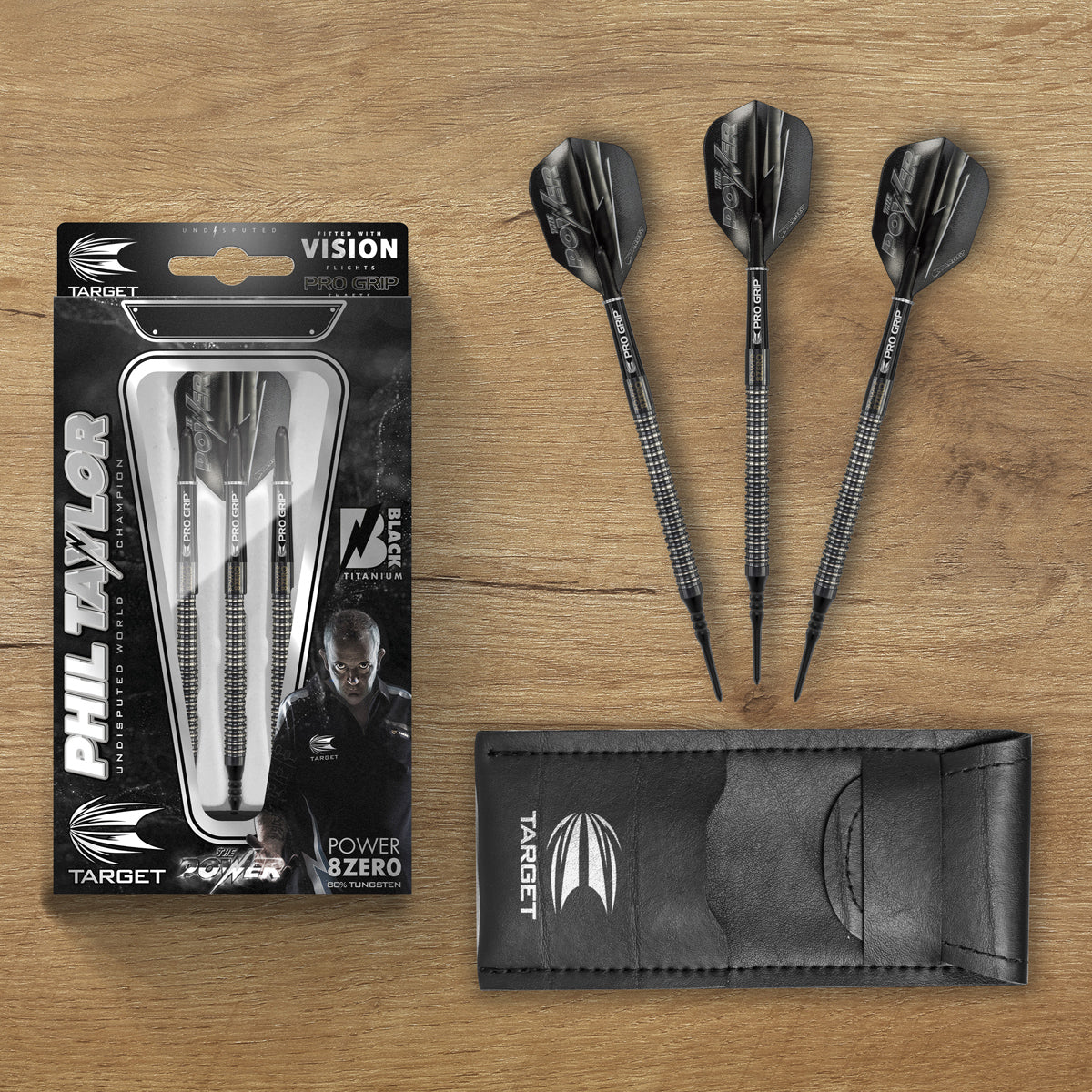 Phil Taylor 8ZERO Black S1 darts lifestyle image featuring a premium electronic darts setup and modern playing environment