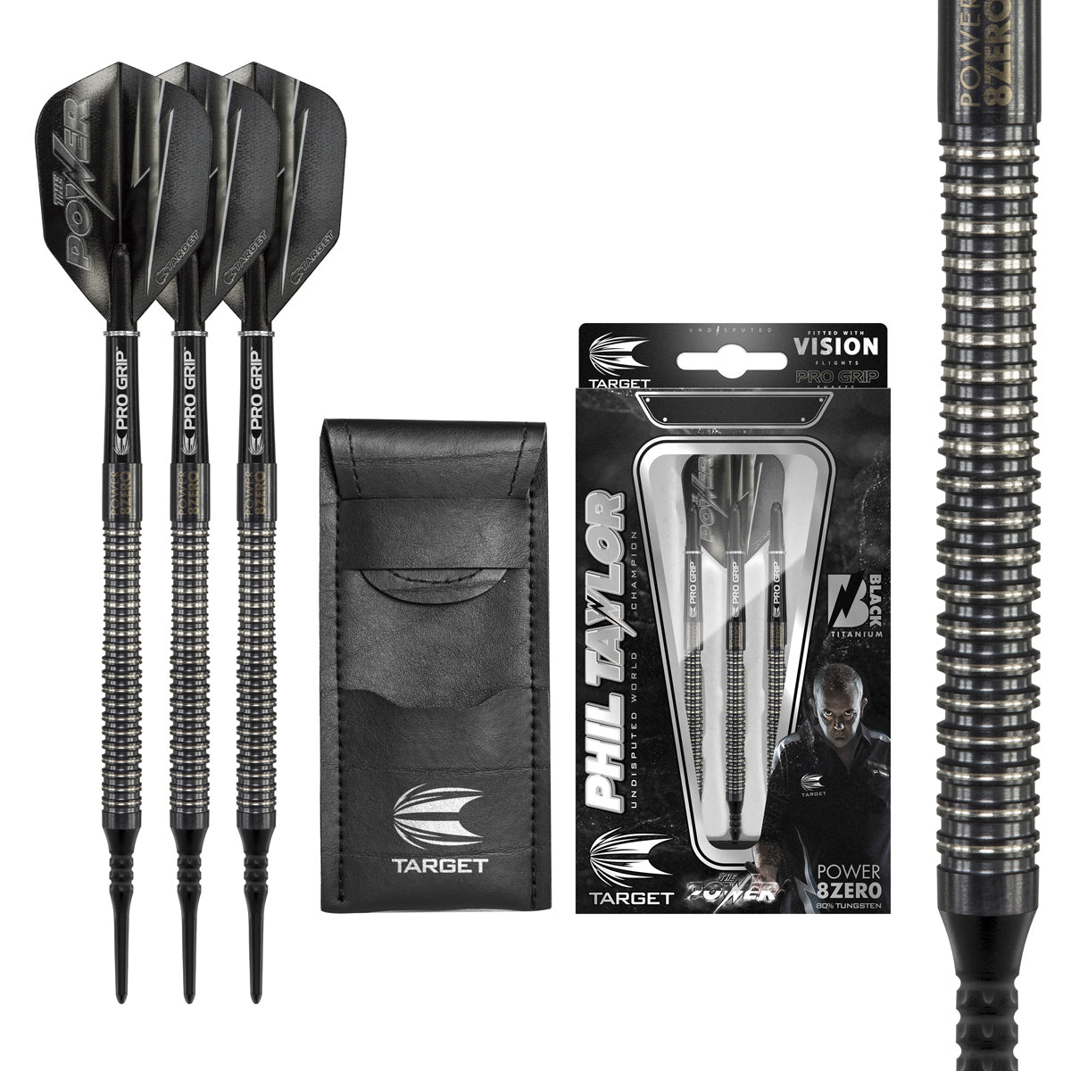 Phil Taylor 8ZERO Black S1 Soft Tip Darts main product image showing the darts, packaging, flights, shafts, and included accessories
