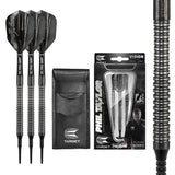 Phil Taylor 8ZERO Black S1 Soft Tip Darts main product image showing the darts, packaging, flights, shafts, and included accessories