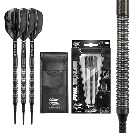 Phil Taylor 8ZERO Black S1 Soft Tip Darts main product image showing the darts, packaging, flights, shafts, and included accessories