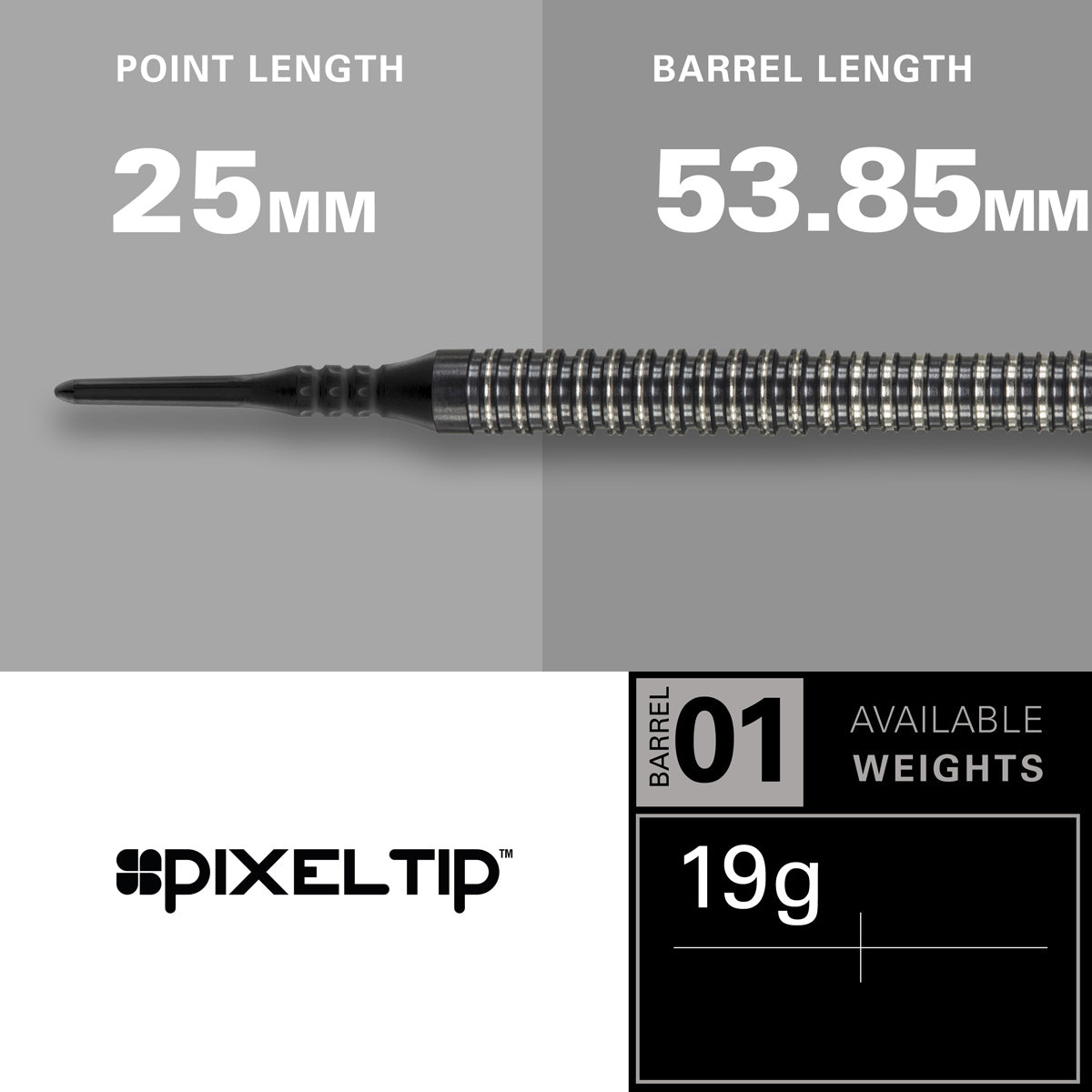 Phil Taylor 8ZERO Black S1 Soft Tip Darts specifications image showing barrel dimensions, weight, and technical details