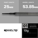 Phil Taylor 8ZERO Black S1 Soft Tip Darts specifications image showing barrel dimensions, weight, and technical details