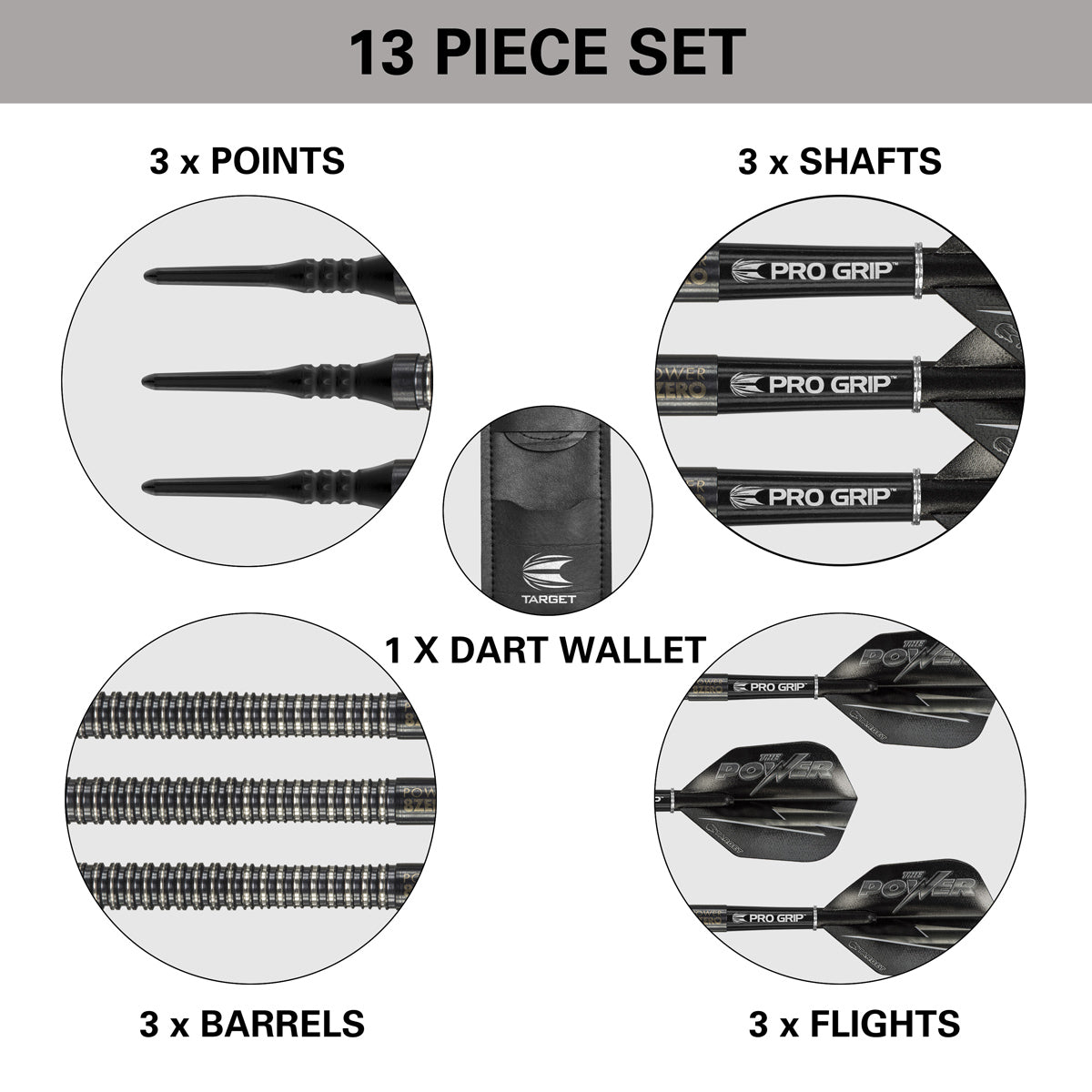Phil Taylor 8ZERO Black S1 Soft Tip Darts contents image displaying everything included inside the box