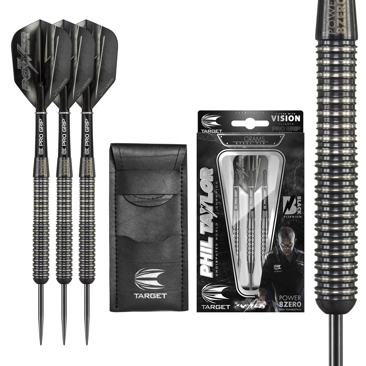 Phil Taylor 8ZERO Black S1 Steel Tip Darts main product image showing the darts, packaging, flights, shafts, and included accessories