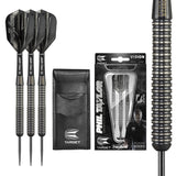 Phil Taylor 8ZERO Black S1 Steel Tip Darts main product image showing the darts, packaging, flights, shafts, and included accessories