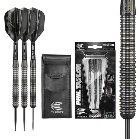 Phil Taylor 8ZERO Black S1 Steel Tip Darts main product image showing the darts, packaging, flights, shafts, and included accessories