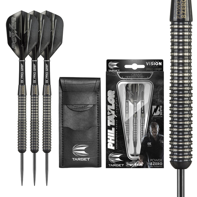 Phil Taylor 8ZERO Black S1 Steel Tip Darts main product image showing the darts, packaging, flights, shafts, and included accessories