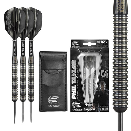 Phil Taylor 8ZERO Black S1 Steel Tip Darts main product image showing the darts, packaging, flights, shafts, and included accessories