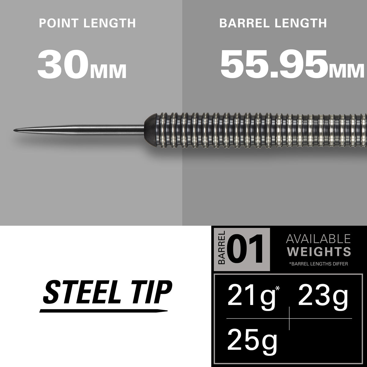 Phil Taylor 8ZERO Black S1 Steel Tip Darts specifications image showing barrel dimensions, weight, and technical details