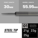 Phil Taylor 8ZERO Black S1 Steel Tip Darts specifications image showing barrel dimensions, weight, and technical details