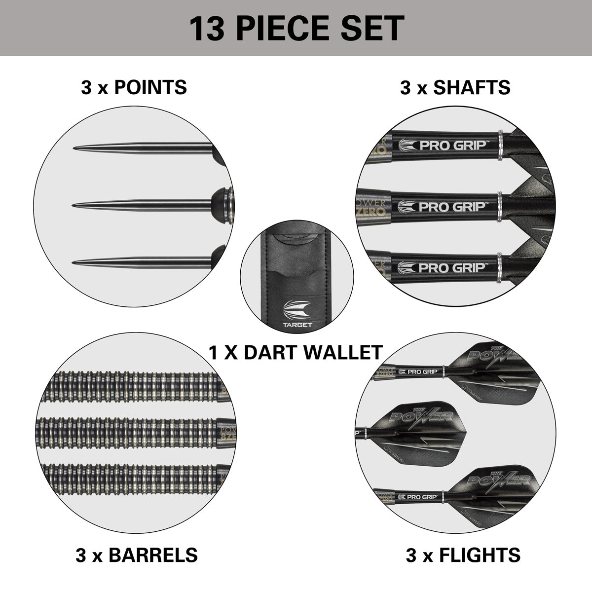 Phil Taylor 8ZERO Black S1 Steel Tip Darts contents image displaying everything included inside the box