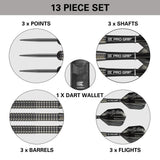 Phil Taylor 8ZERO Black S1 Steel Tip Darts contents image displaying everything included inside the box