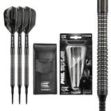 Phil Taylor 8ZERO Black S2 Soft Tip Darts main product image showing the darts, packaging, flights, shafts, and included accessories