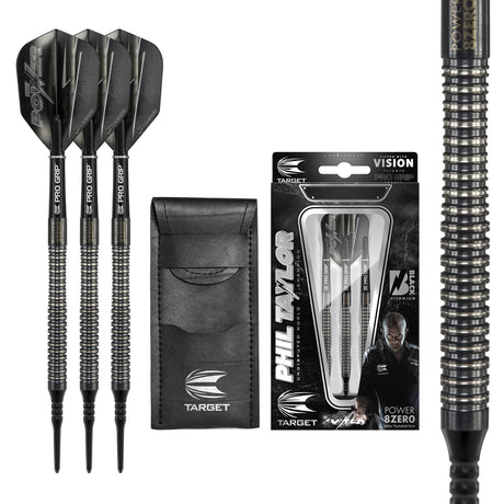 Phil Taylor 8ZERO Black S2 Soft Tip Darts main product image showing the darts, packaging, flights, shafts, and included accessories
