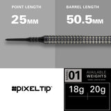 Phil Taylor 8ZERO Black S2 Soft Tip Darts specifications image showing barrel dimensions, weight, and technical details