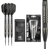 Phil Taylor 8ZERO Black S2 Steel Tip Darts main product image showing the darts, packaging, flights, shafts, and included accessories