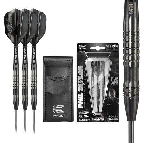 Phil Taylor 8ZERO Black S2 Steel Tip Darts main product image showing the darts, packaging, flights, shafts, and included accessories