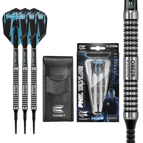 Phil Taylor 8ZERO Silver Soft Tip Darts main product image showing the darts, packaging, flights, shafts, and included accessories