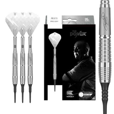 Phil Taylor G6 9Five Soft Tip Darts main product image showing the darts, packaging, flights, shafts, and included accessories
