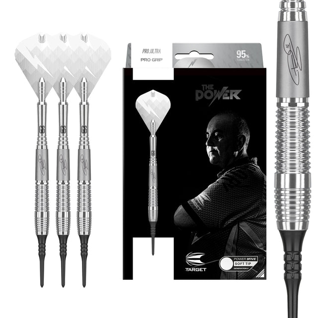 Phil Taylor G6 9Five Soft Tip Darts main product image showing the darts, packaging, flights, shafts, and included accessories